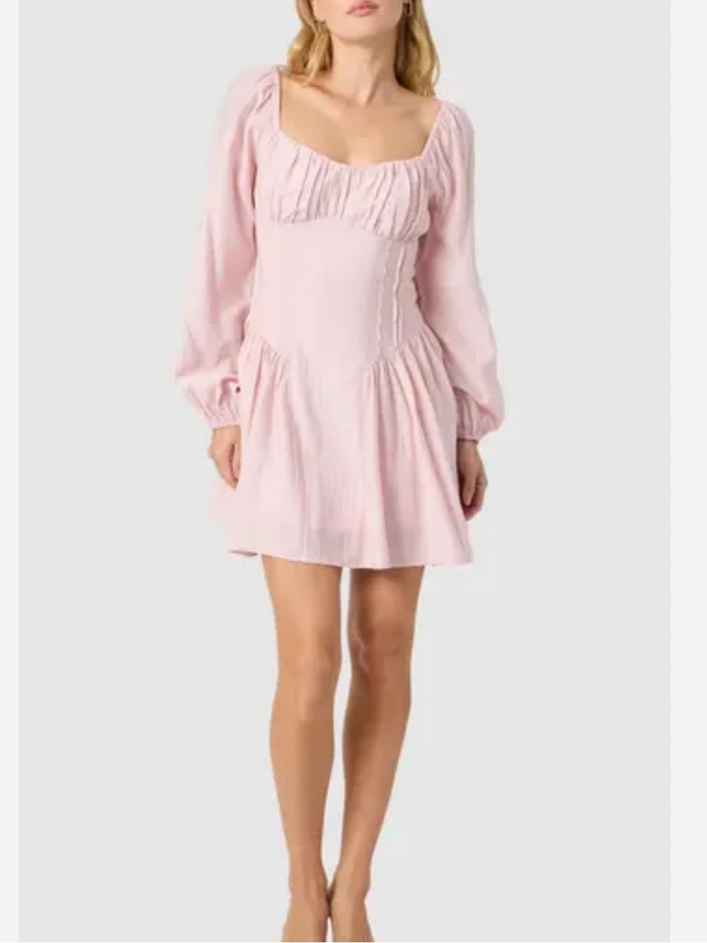 All In Favor Blush Basque Waist Long Sleeve Mini Dress | XS
